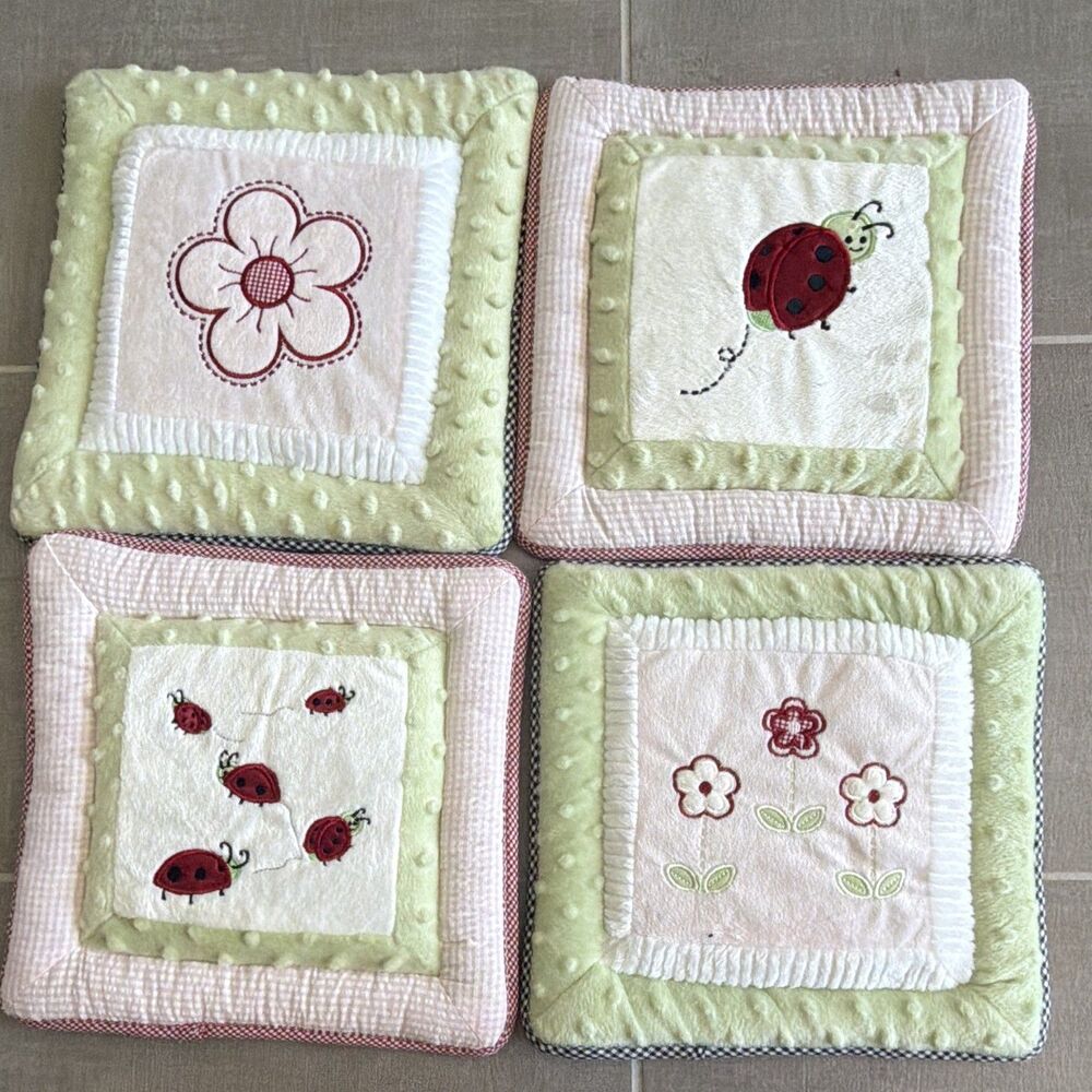 Set of 4 Quilted Nursery Wall Hanging Squares Ladybug Flower Pink Green Red